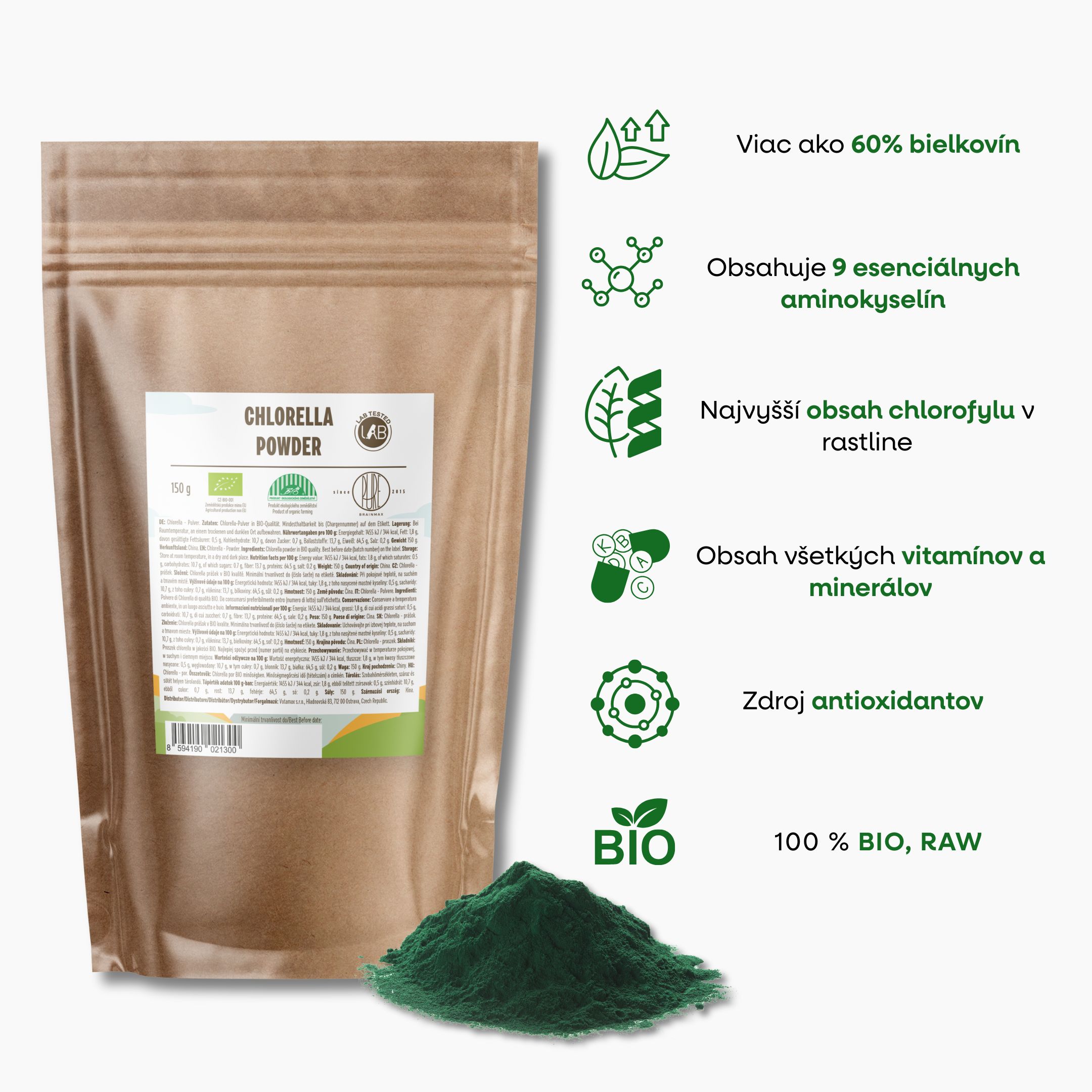 BrainMax Pure Chlorella BIO, 150 g Obrázek