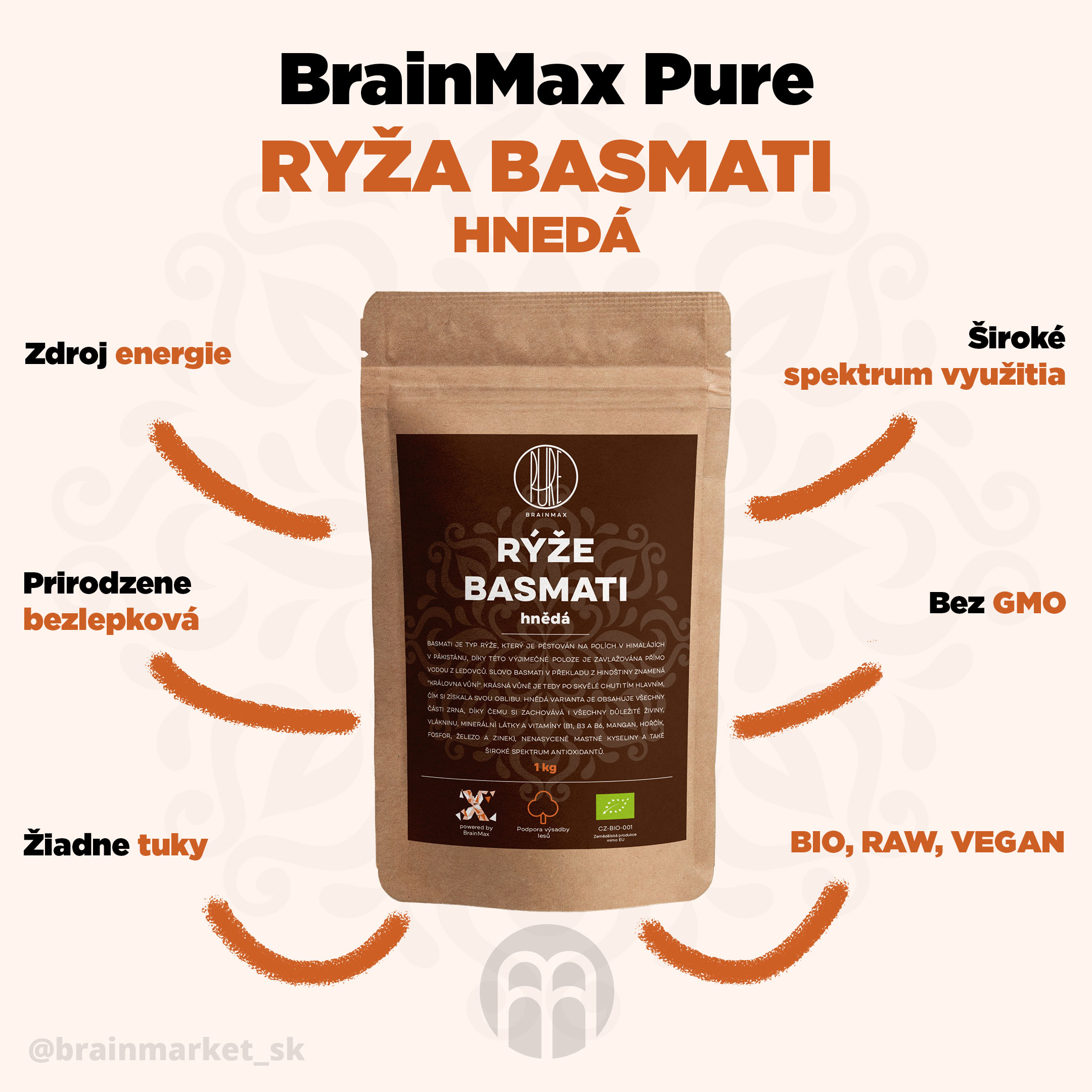 BrainMax Pure Rýže, hnědá, Basmati BIO, 1kg Obrázek