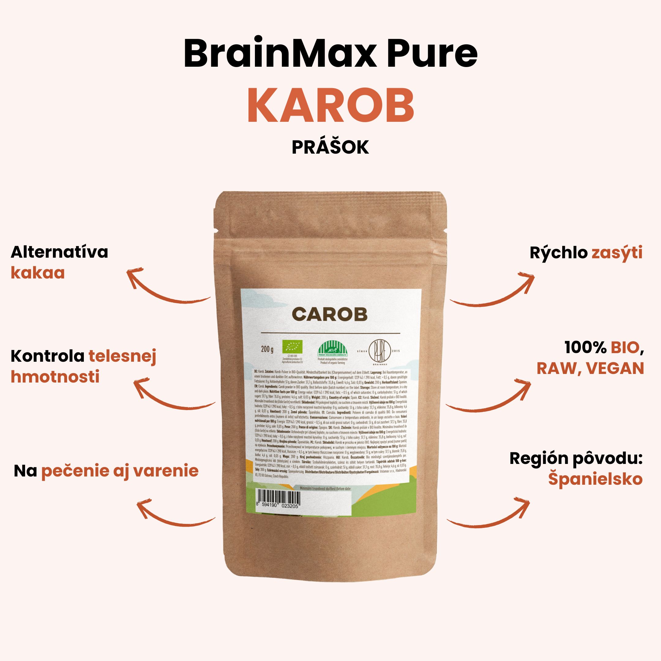 BrainMax Pure Carob (Karob) BIO, 200 g Obrázek