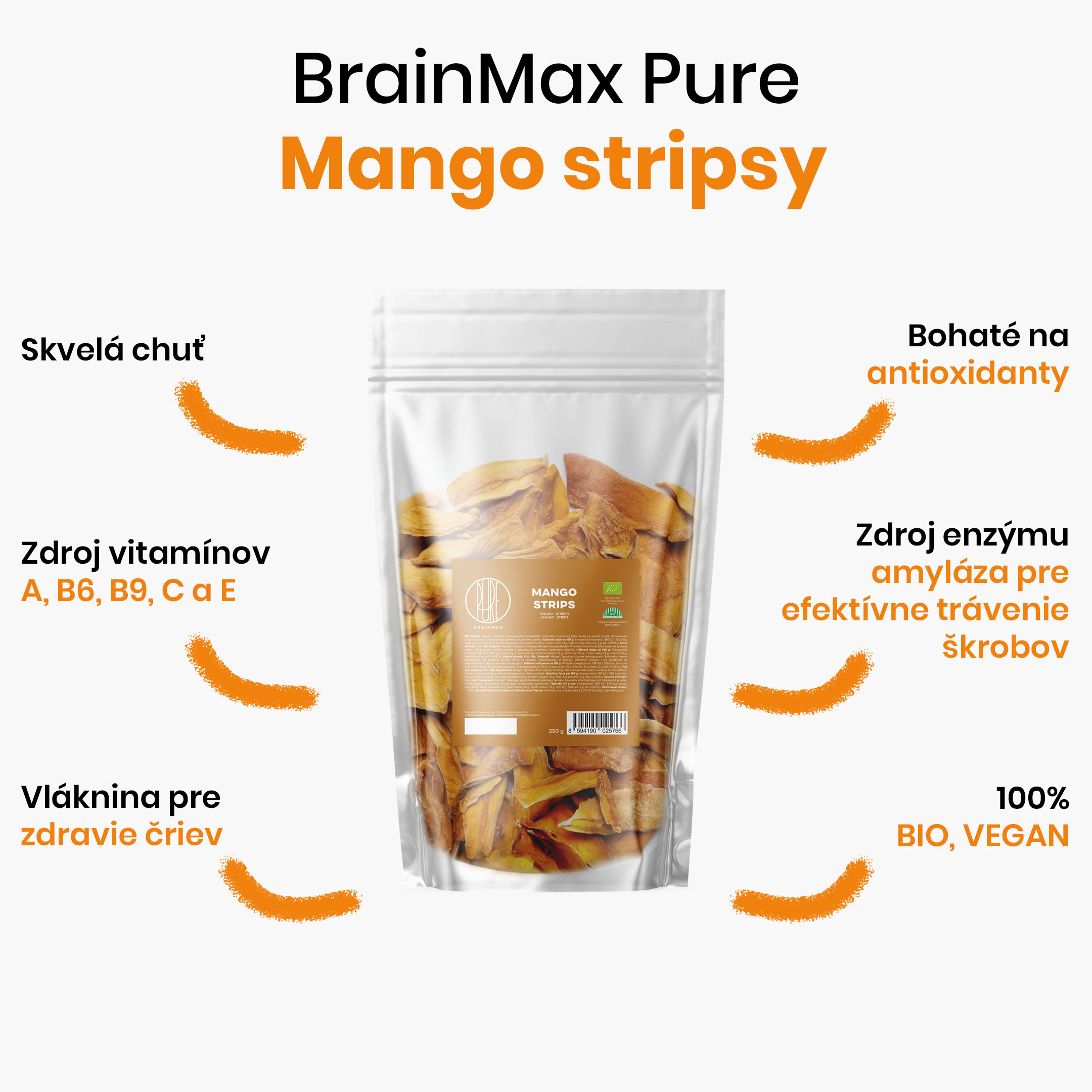 BrainMax Pure Mango, BIO, stripsy 250 g Obrázek