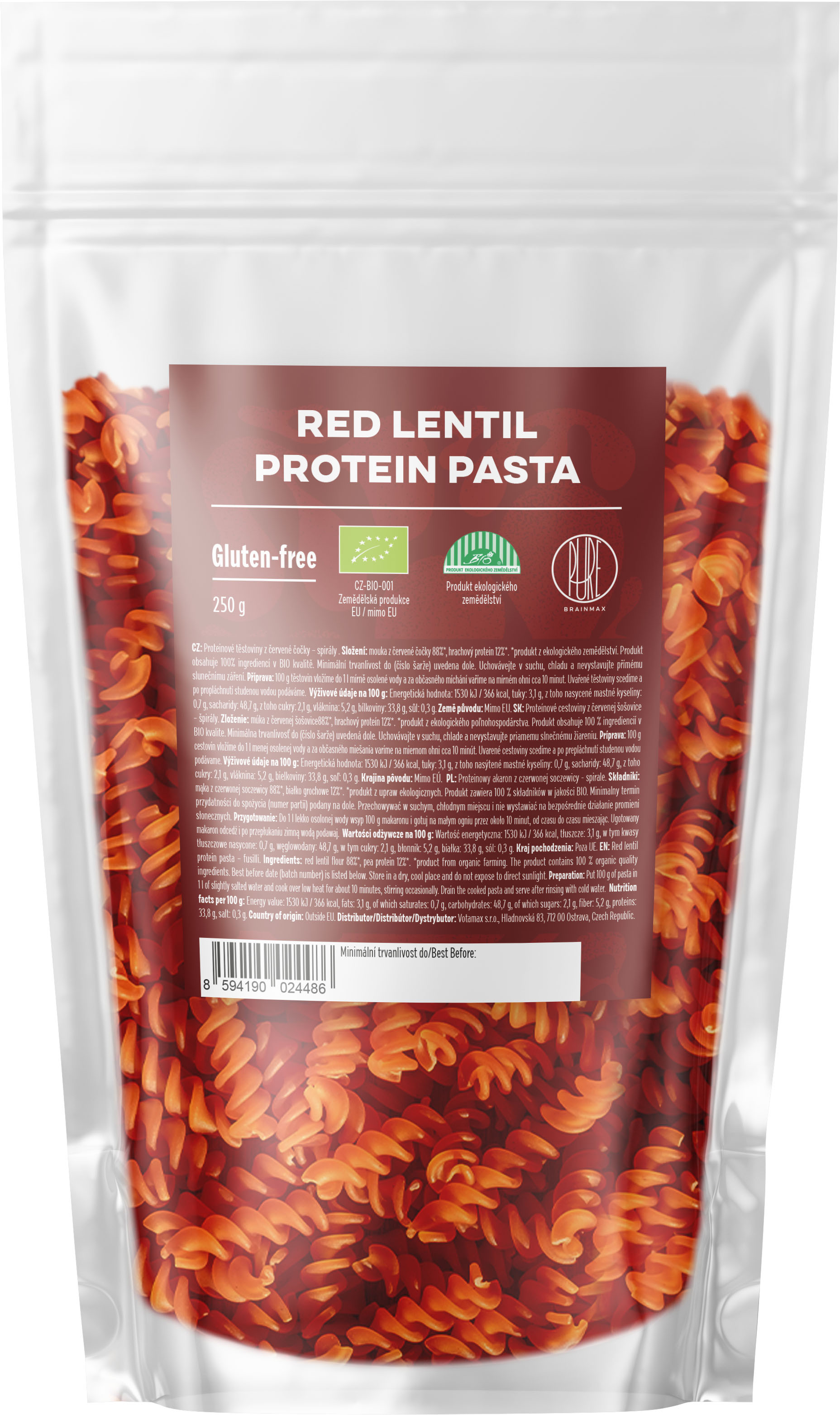 BrainMax Pure Proteinové těstoviny z červené čočky, spirály, BIO, 250 g Obrázek