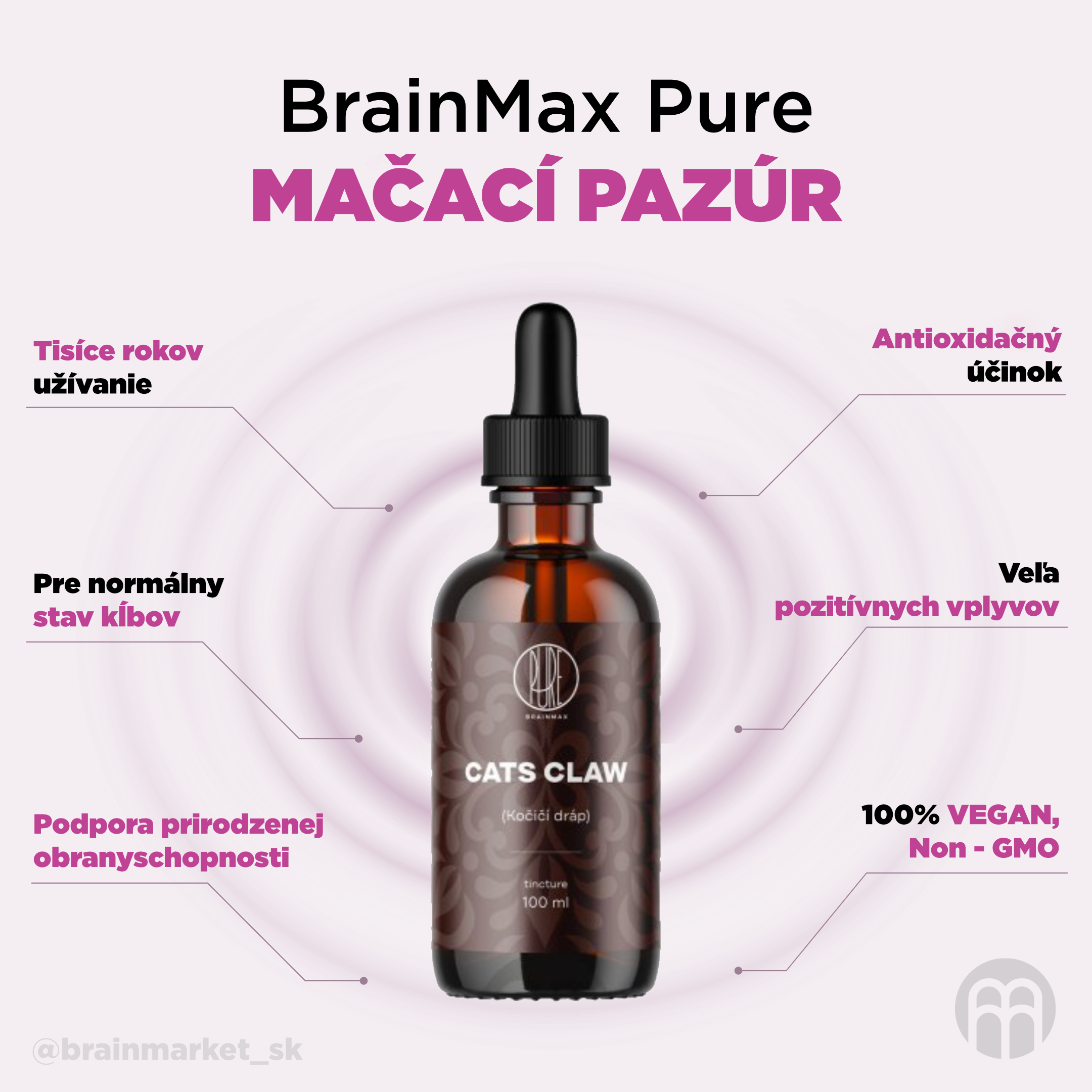 BrainMax Pure Kočičí dráp (Cat's Claw) tinktura 1:3, 100 ml Obrázek