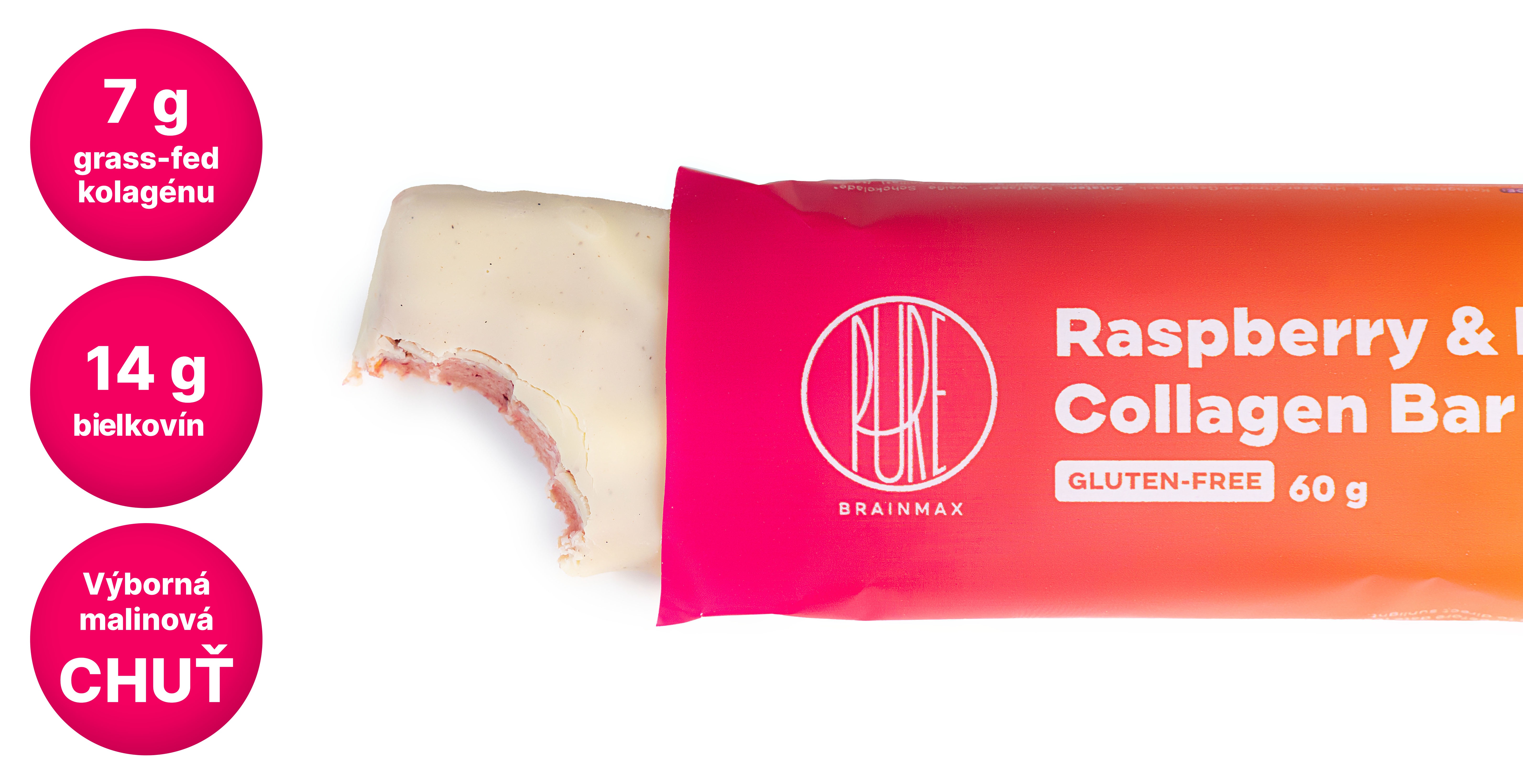 BrainMax Pure Collagen Bar, Raspberry & Lemon, kolagenová tyčinka malina & citron, 60 g Obrázek