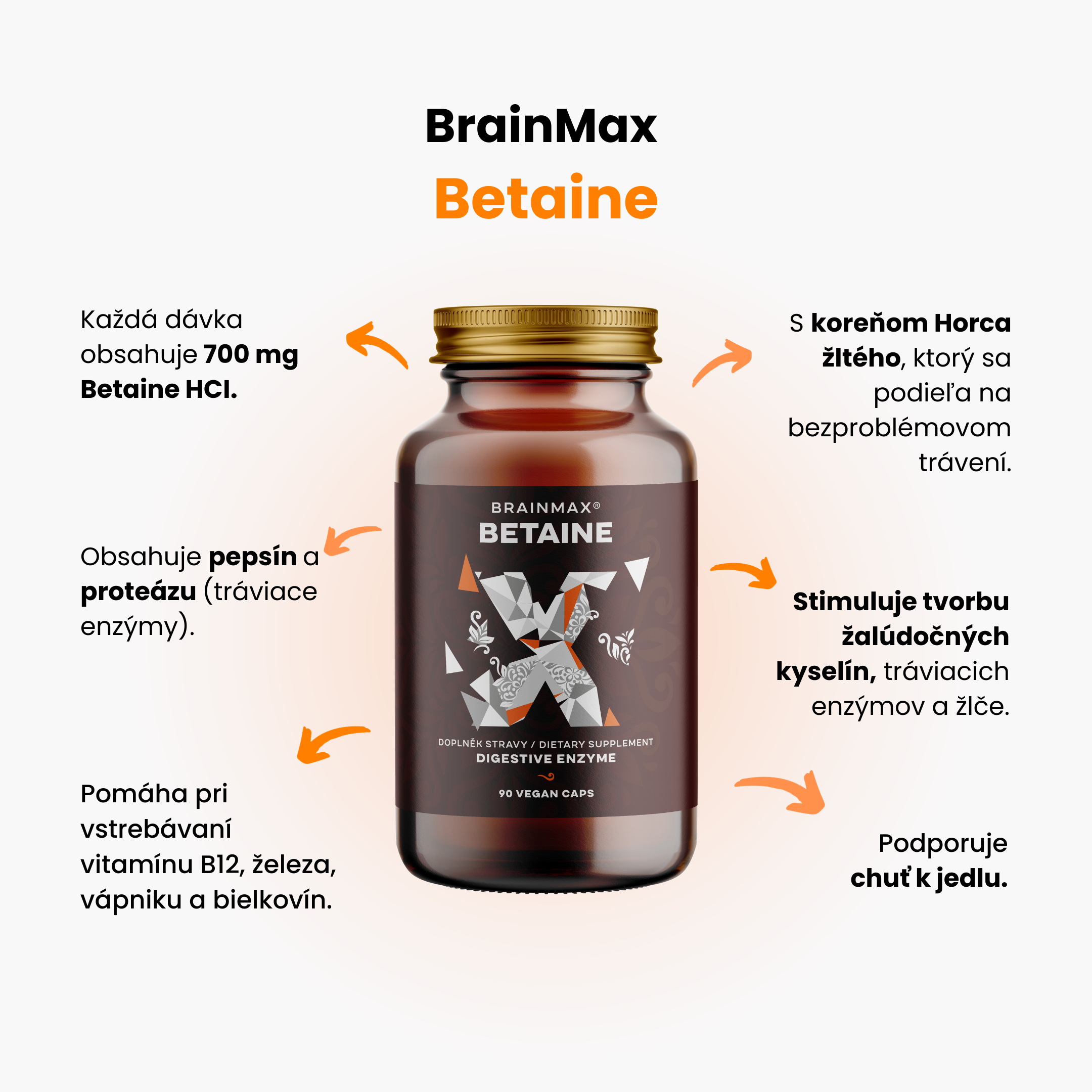 BrainMax Betaine HCl, Betain HCl a hořec žlutý, 700 mg, 90 kapslí Obrázek