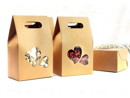 papírové dárkové krabičky hnědé s oknem a srdíčky