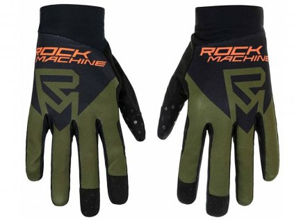 Cyklistické rukavice ROCK MACHINE Race dlouhoprsté khaki-oranžová-černá