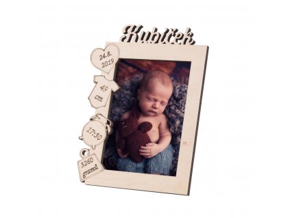 Dřevěný fotorámeček se jménem k narození dítěte 13 x 18 cm