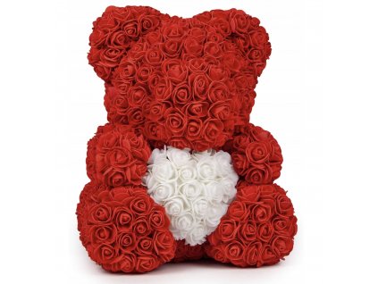 Medvedík z ruží červený s bielym srdiečkom
