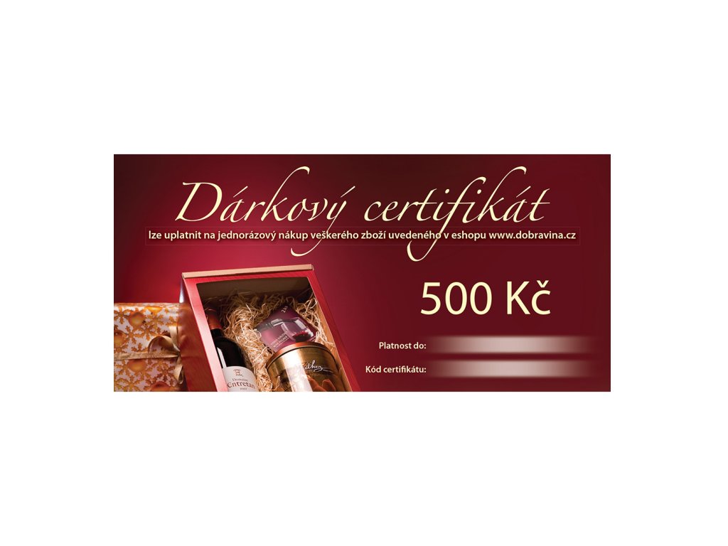 Grafická podoba dárkového poukazu v hodnotě 500 Kč. V pozadí fotky dárková krabička s vínem a čokoládou.