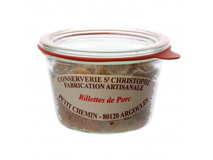 Zavařovací sklenice s Vepřovým rillettes - Masová pomazánka Conserverie St Christophe