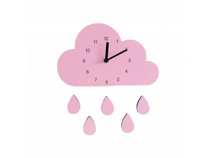 Dětské nástěnné hodiny růžový mrak s kapkami deště
