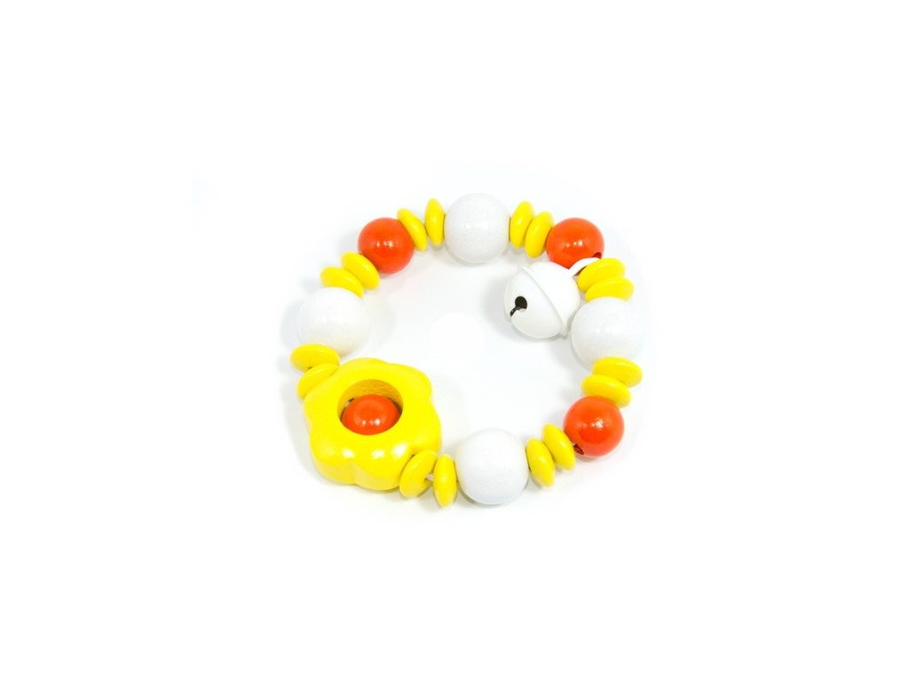 Žlutá kytička s bílou rolničkou - elastická hračka pro miminka