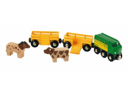 Zemědělský vlak pro přepravu zvířat se 2 vagónky, krávou, koněm
