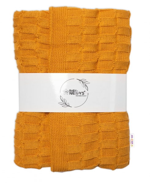 Levně Baby Nellys Luxusní bavlněná pletená deka, dečka CUBE, 80 x 100 cm - hořčicová