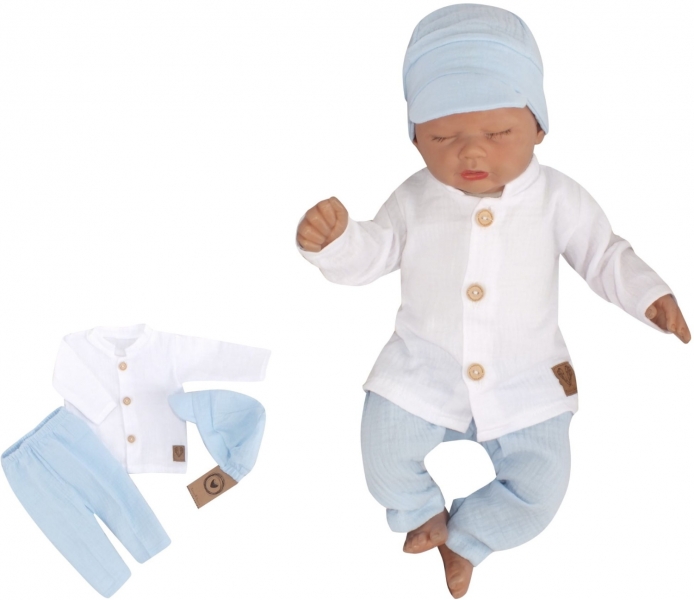 Levně Z&Z Mušelínová košile, kalhoty + čepice, 3D sada, Boy Z&amp;Z, bílá/modrá Velikost koj. oblečení: 56 (1-2m)
