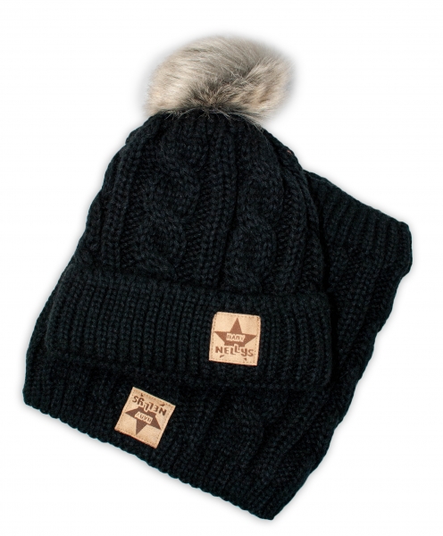 Levně BABY NELLYS Zimní pletená čepice s bambulí + komínek, černá Velikost koj. oblečení: 92-98 (18-36m)