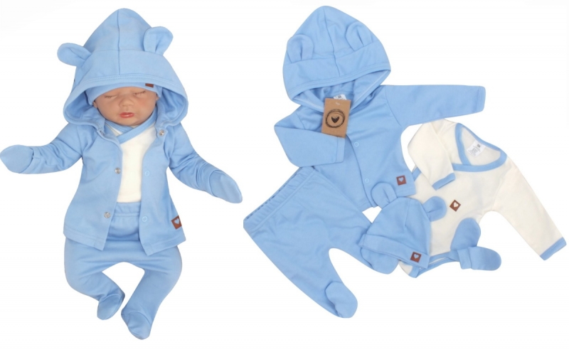 Sada do porodnice 5D, body, polodupačky, kabátek, čepička, rukavičky - modrá Velikost koj. oblečení: 50 (0-1m)