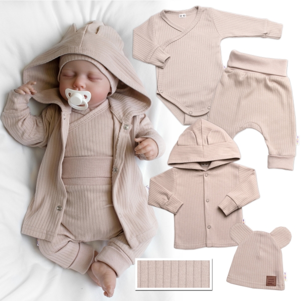 Levně Baby Nellys Žebrovaná rostoucí souprava 4D, zavin. body, kalhoty, kabátek a čepička, béžová Velikost koj. oblečení: 50-56 (0-2m)