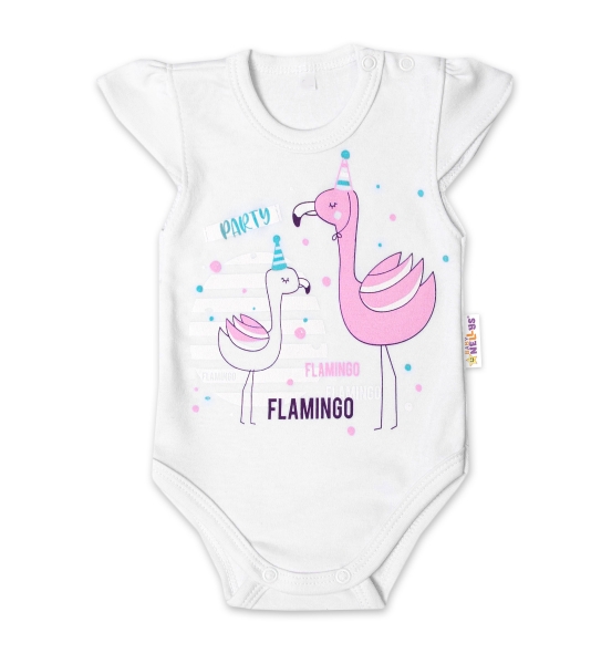 Levně Baby Nellys Bavlněné kojenecké body, kr. rukáv, Flamingo - bílé Velikost koj. oblečení: 62 (2-3m)