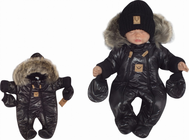 Levně Z&Z Zimní kombinéza s dvojitým zipem, kapucí a kožešinou + rukavičky Z&amp;Z, Angel - černý Velikost koj. oblečení: 74 (6-9m)