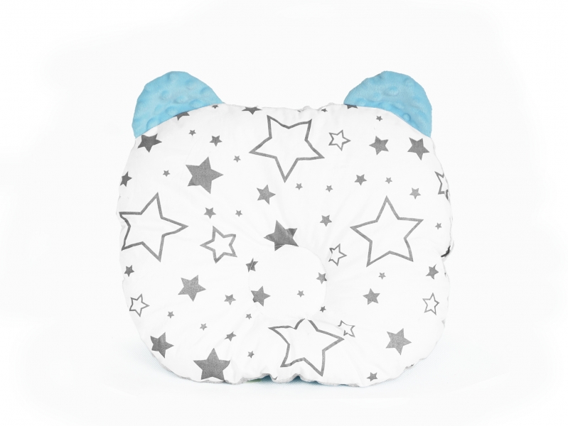 Levně Baby Nellys Oboustranný polštářek s oušky, 30x35cm - Hvězdičky ,minky modrá/mátová