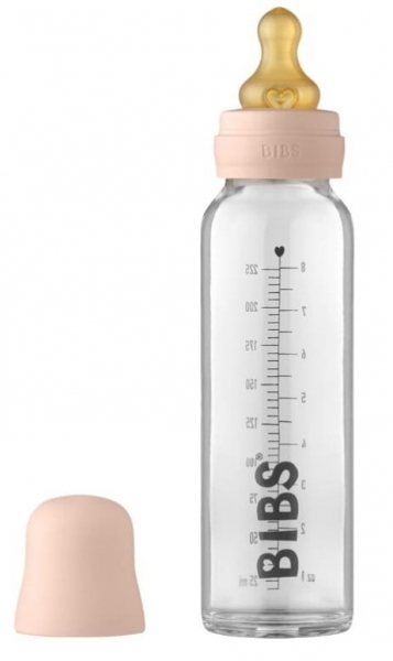 Levně Skleněná antikoliková lahvička BIBS - 225 ml s kaučukovou savičkou vel. S, pudrově růžová