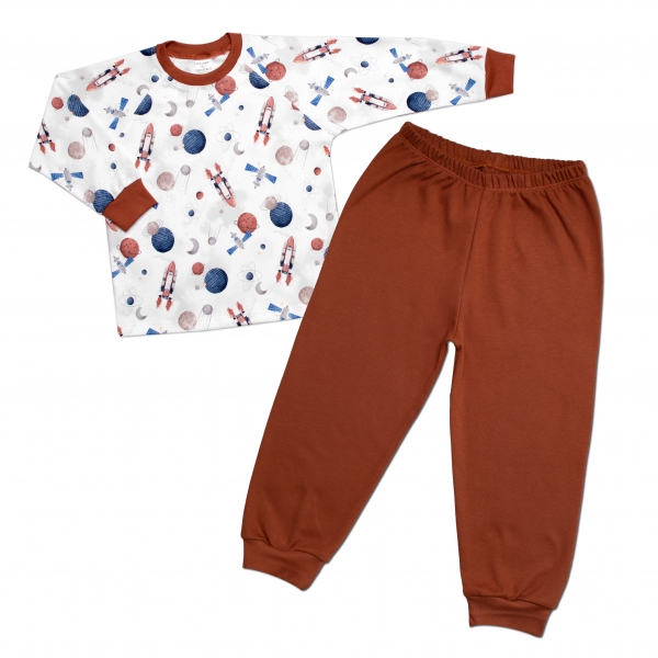 Levně Dětské pyžamo 2D sada, triko + kalhoty, Cosmos, Mrofi, hnědá/bílá Velikost koj. oblečení: 116 (5-6r)