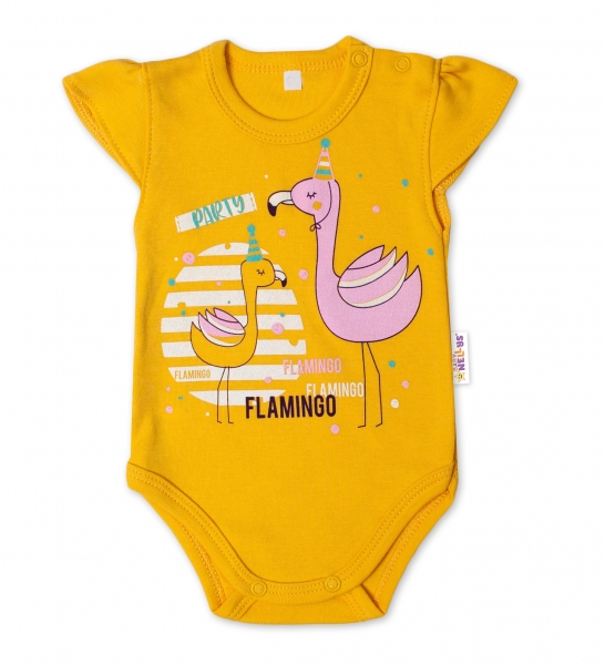 Levně Baby Nellys Bavlněné kojenecké body, kr. rukáv, Flamingo - hořčicové Velikost koj. oblečení: 80 (9-12m)