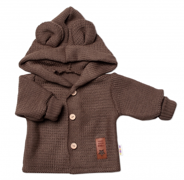 Levně Dětský elegantní pletený svetřík s knoflíčky a kapucí s oušky Baby Nellys, hnědý Velikost koj. oblečení: 74 (6-9m)