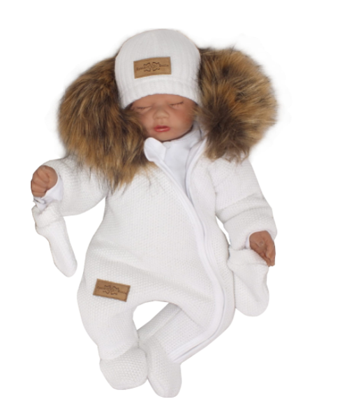 Levně Z&Z Z&amp;Z Zimní kombinéza s kapucí a kožešinou + rukavičky, bílá Velikost koj. oblečení: 62 (2-3m)