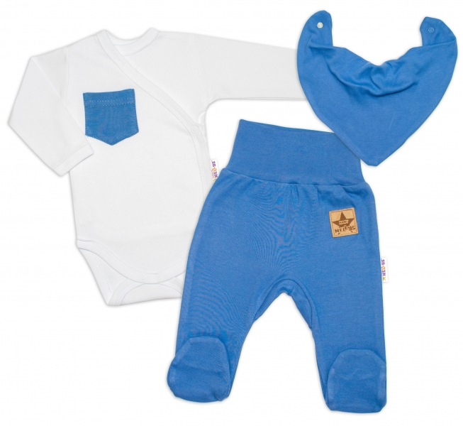 Levně Baby Nellys 3-dílná sada Body dl. rukáv s kapsou, šátek, polodupačky, modrá, bílá Velikost koj. oblečení: 50 (0-1m)