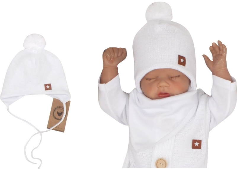 Levně Z&Z Z&amp;Z Dvouvrstvá pletená čepice na zavazování s bambulí, bílá Velikost koj. oblečení: 68 (3-6m)