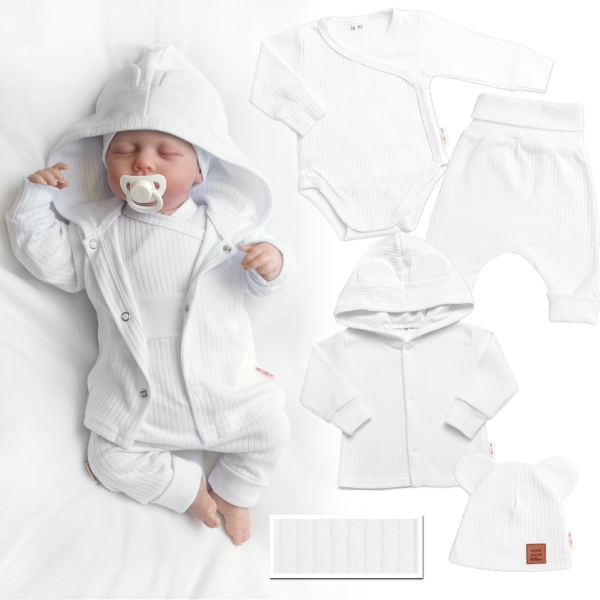 Levně Baby Nellys Žebrovaná rostoucí souprava 4D, zavin. body, kalhoty, kabátek a čepička, bílá Velikost koj. oblečení: 56-62 (0-3m)