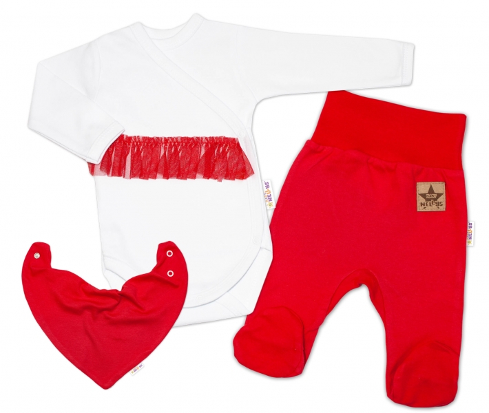 Baby Nellys 3-dílná sada Body dl. rukáv s tutu, šátek, polodupačky, červená, bílá Velikost koj. oblečení: 50 (0-1m)