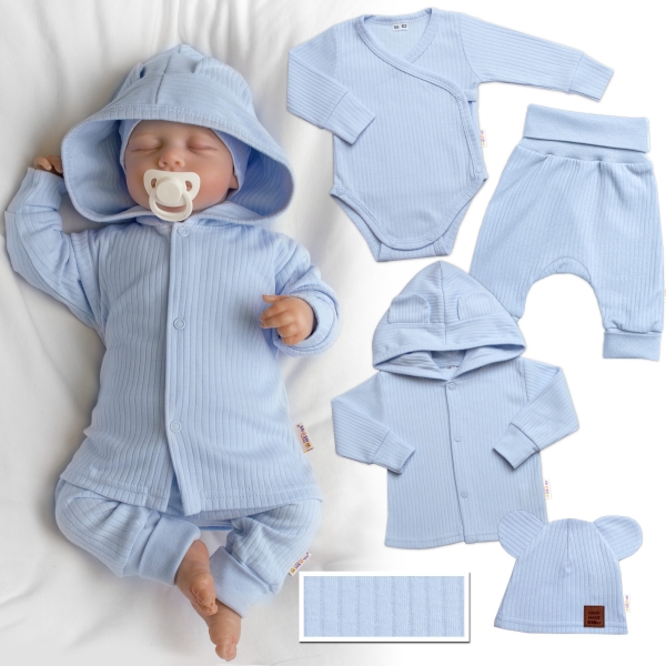 Levně Baby Nellys Žebrovaná rostoucí souprava 4D, zavin. body, kalhoty, kabátek a čepička, modrá Velikost koj. oblečení: 50-56 (0-2m)