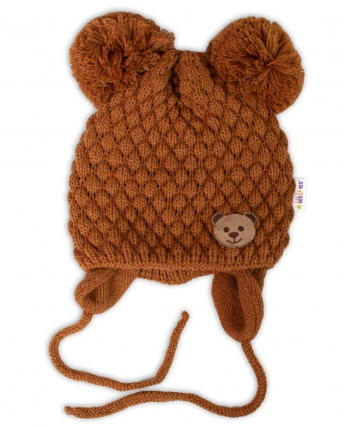 Levně Zimní pletená čepice Teddy Bear na zavazování, hnědá, Baby Nellys Velikost koj. oblečení: 56-68 (0-6 m)