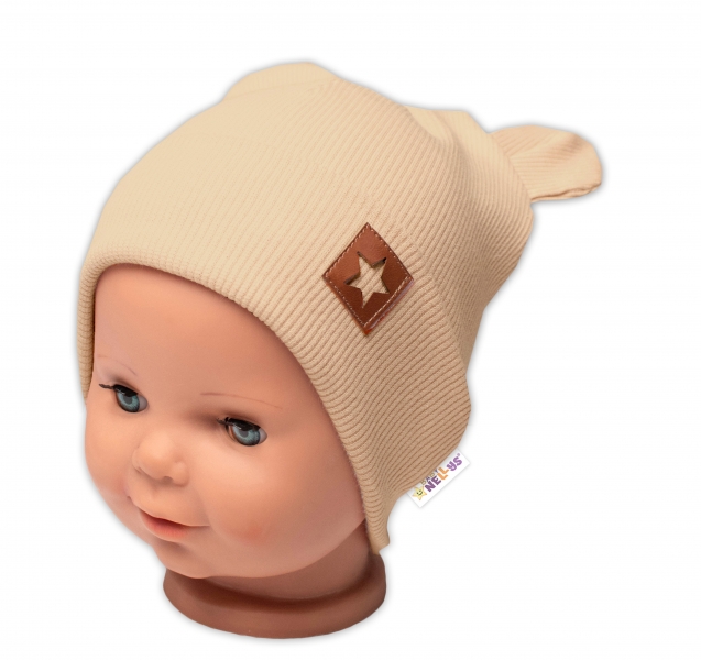 Levně Baby Nellys Žebrovaná dvouvrstvá čepice s oušky TEDDY - béžová Velikost koj. oblečení: 56-62 (0-3m)