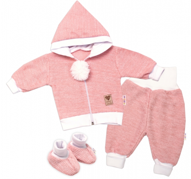 Levně Baby Nellys 3-dílná souprava Hand made, pletený kabátek, kalhoty a botičky, růžová Velikost koj. oblečení: 68 (3-6m)