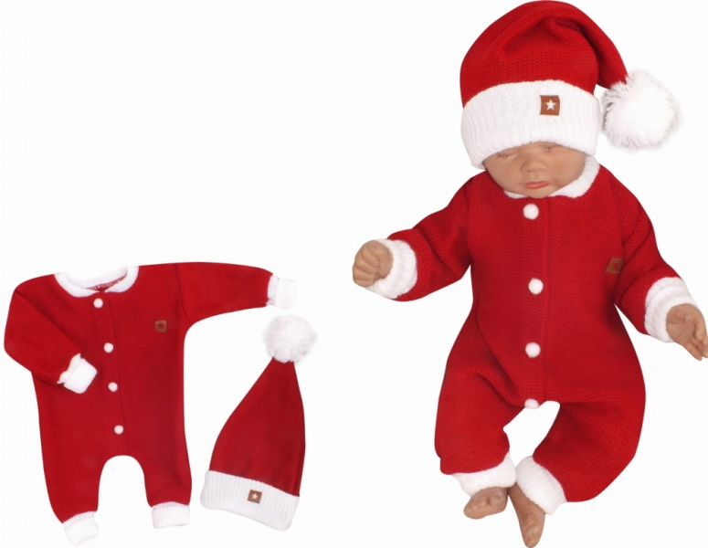 Levně Z&Z Z&amp;Z 2-dílná sada Pletený overálek + čepička Baby Santa, červený Velikost koj. oblečení: 68 (3-6m)