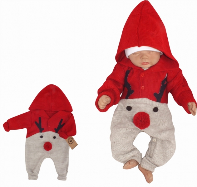 Levně Z&Z Z&amp;Z Dětský pletený Vánoční overálek s kapucí a knoflíčky Baby Sob, červený Velikost koj. oblečení: 74 (6-9m)