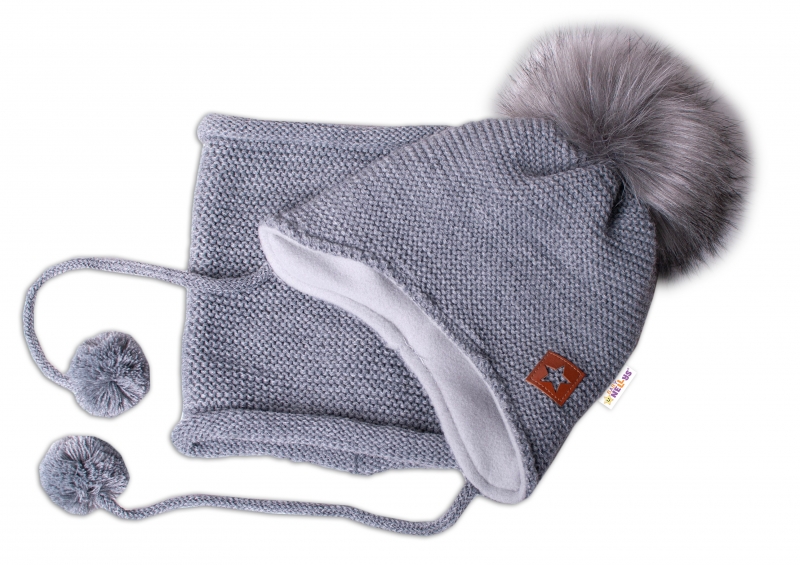 Levně Zimní čepice s fleecem a chlupáčková bambule Star + komínek - šedá, BABY NELLYS Velikost koj. oblečení: 98-104 (2-4r)