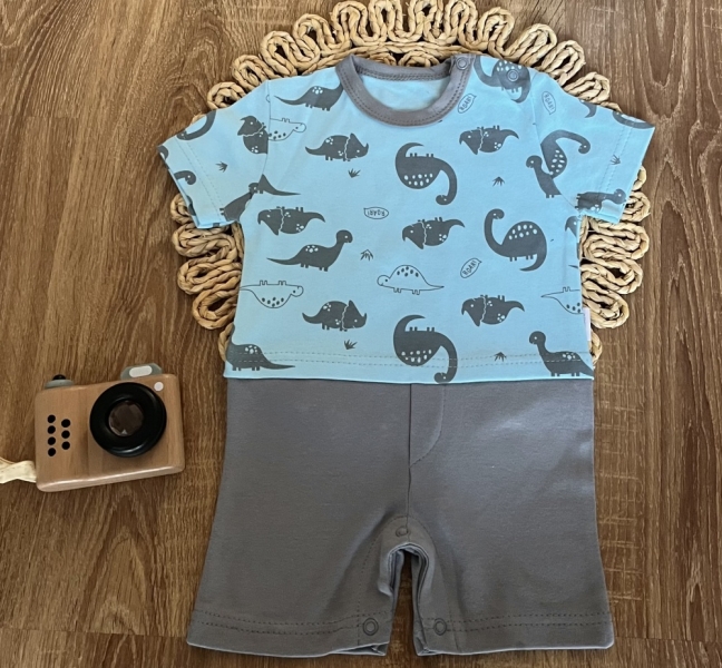 Levně Body s nohavičkami Mamatti, Dino park - modrá s potiskem/šedá Velikost koj. oblečení: 62 (2-3m)
