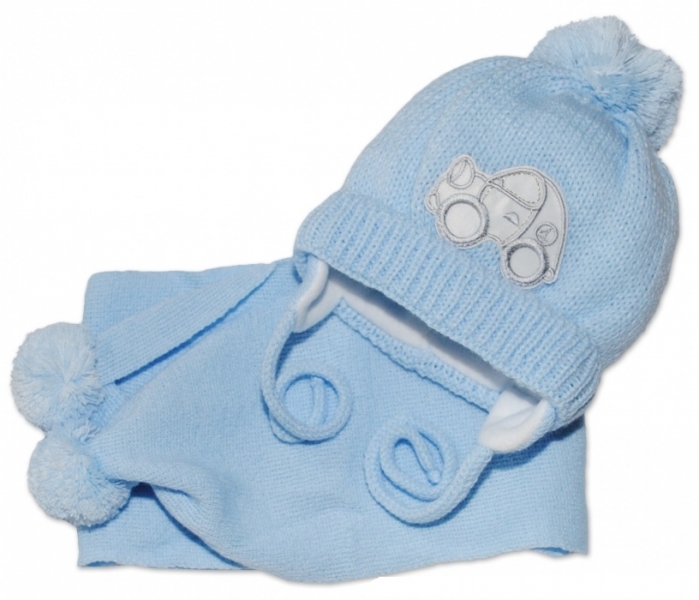Levně Zimní čepička s šálou - Autíčko sv. modré, 0-6m, Baby Nellys Velikost koj. oblečení: 56-68 (0-6 m)
