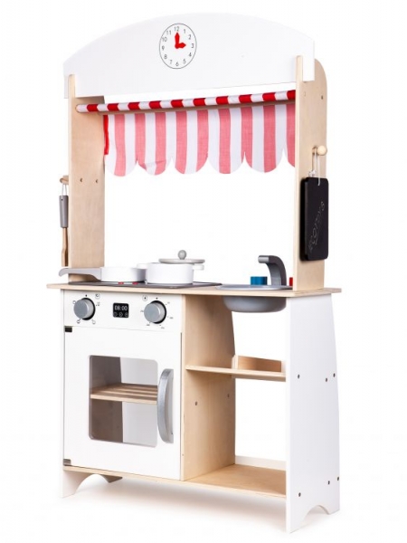 Levně Eco Toys Dřevěná kuchyňka s příslušenstvím, 101 x 60 x 27 cm - bílá