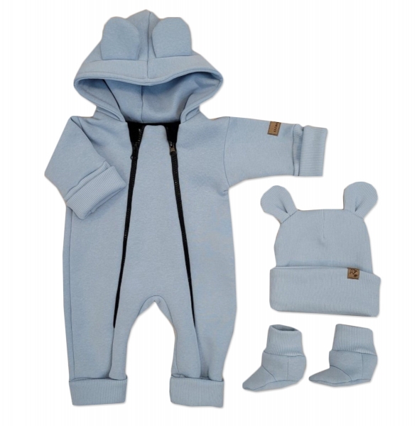 Levně Oteplený dětský overal bez šlapek s kapucí, čepička + botičky, 3D, Kazum, modrý Velikost koj. oblečení: 86 (12-18m)