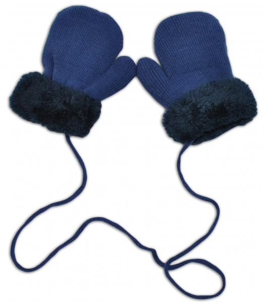Levně YO ! Zimní kojenecké rukavičky s kožíškem - se šňůrkou YO - jeans/granátový kožíšek Velikost koj. oblečení: 80-92 (12-24m)