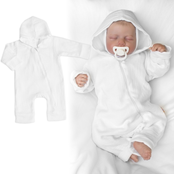 Levně Baby Nellys Mušelinový overálek s kapucí, dvouvrstvý, Hand Made, bílý Velikost koj. oblečení: 68 (3-6m)