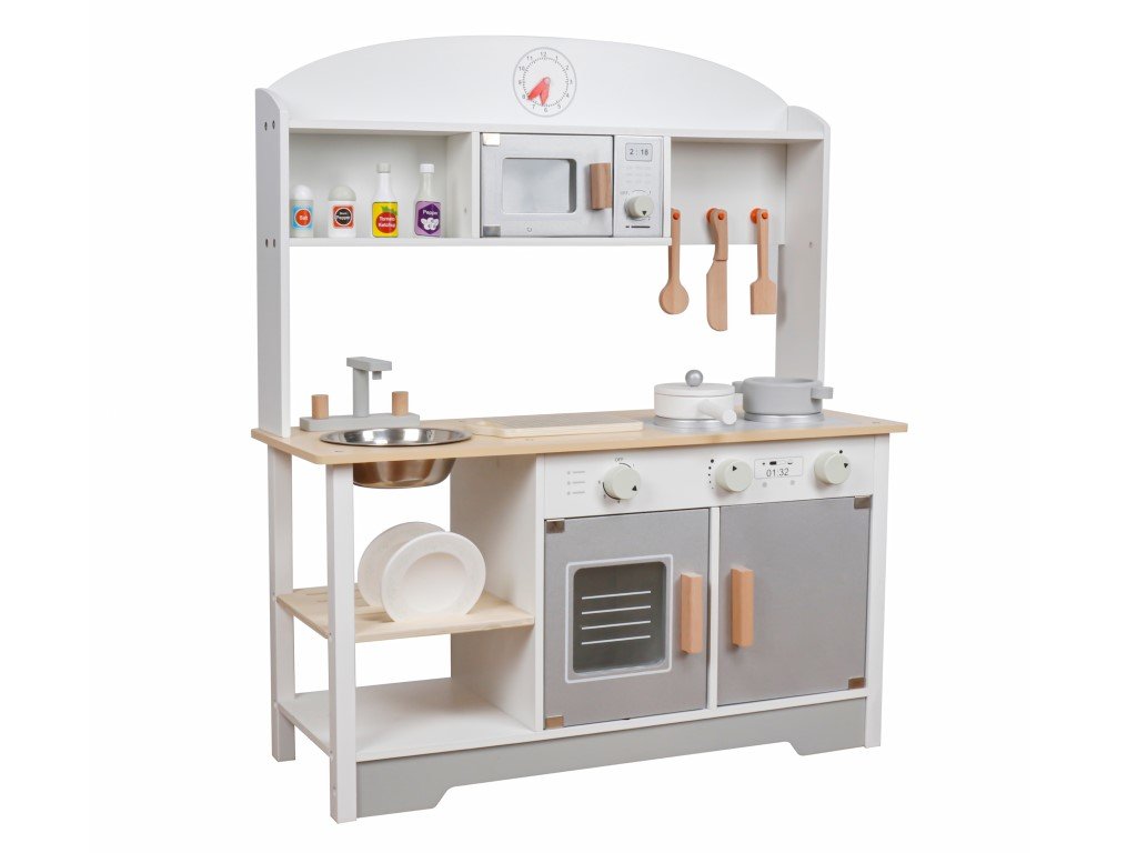 Dřevěná kuchyňka pro děti bílo-šedá s bohatým příslušenstvím