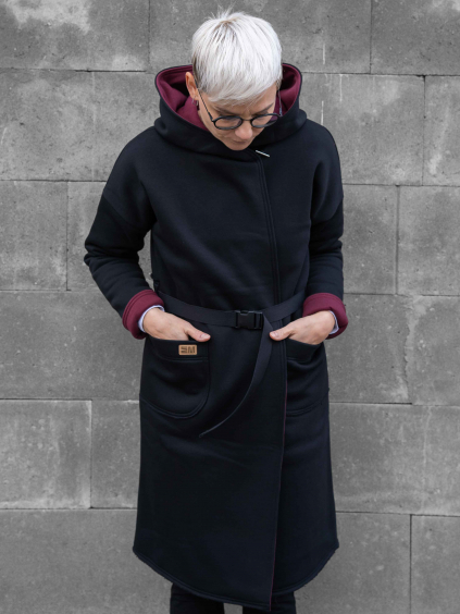 Oboustranný kabát Kosheen v barvě černý s bordó tmavý, pohled zepředu, černá varianta