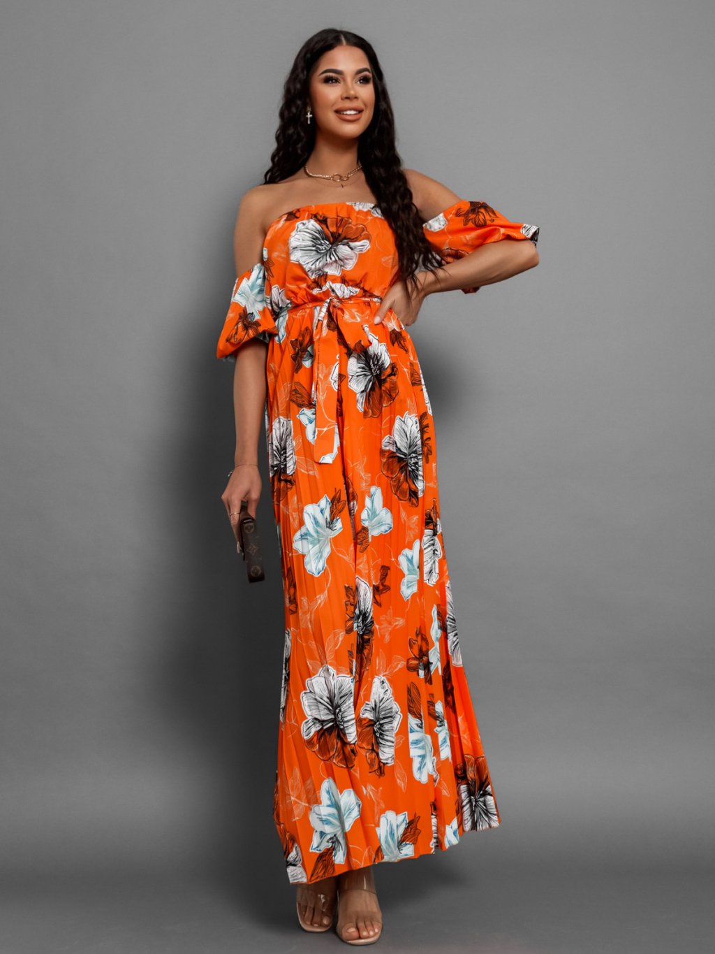 Oranžové elegantní šaty AMONA s květinovým vzorem